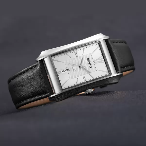 BERNY Mens Business Casual Quartz Watches Stainless Steel Case with Leather Strap Rectangular Watches for Men Black White Grey Rose GoldWhite