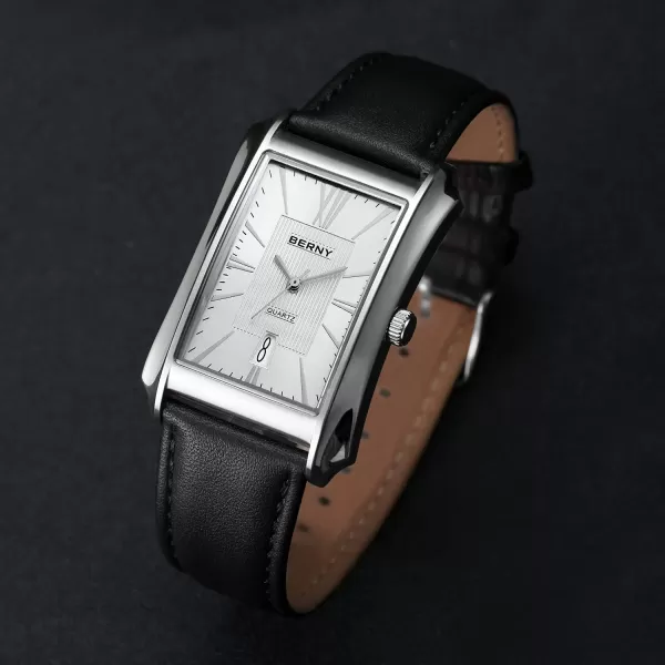 BERNY Mens Business Casual Quartz Watches Stainless Steel Case with Leather Strap Rectangular Watches for Men Black White Grey Rose GoldWhite