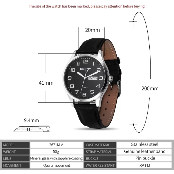 BERNY Mens Easy Reader Watch Standard Analog Display Quartz Leather Strap Wristwatch Classic Elegant DayDate Watch for MenBlack