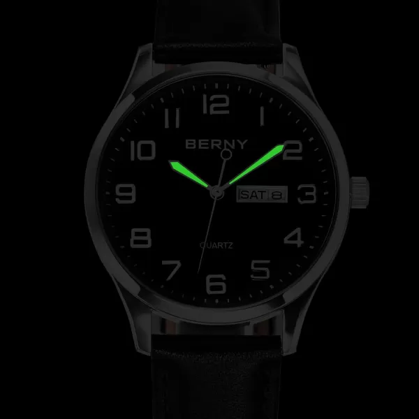 BERNY Mens Easy Reader Watch Standard Analog Display Quartz Leather Strap Wristwatch Classic Elegant DayDate Watch for MenBlack