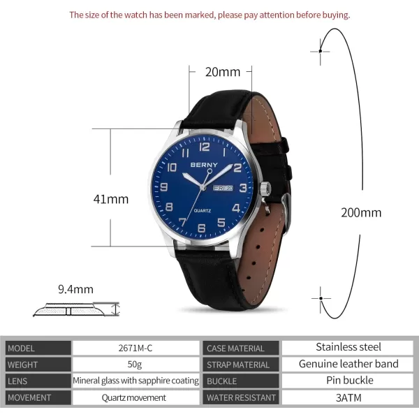 BERNY Mens Easy Reader Watch Standard Analog Display Quartz Leather Strap Wristwatch Classic Elegant DayDate Watch for MenBlue