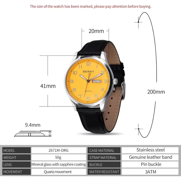 BERNY Mens Easy Reader Watch Standard Analog Display Quartz Leather Strap Wristwatch Classic Elegant DayDate Watch for MenOrange