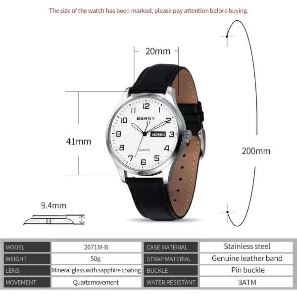 BERNY Mens Easy Reader Watch Standard Analog Display Quartz Leather Strap Wristwatch Classic Elegant DayDate Watch for MenWhite