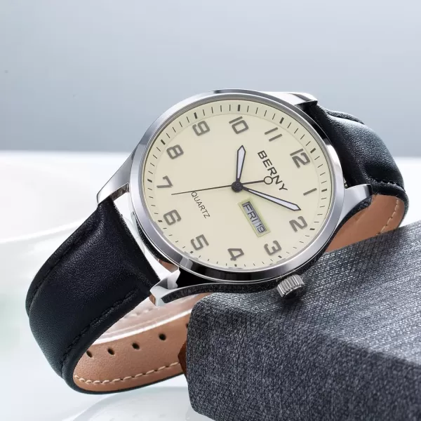 BERNY Mens Easy Reader Watch Standard Analog Display Quartz Leather Strap Wristwatch Classic Elegant DayDate Watch for MenYellow