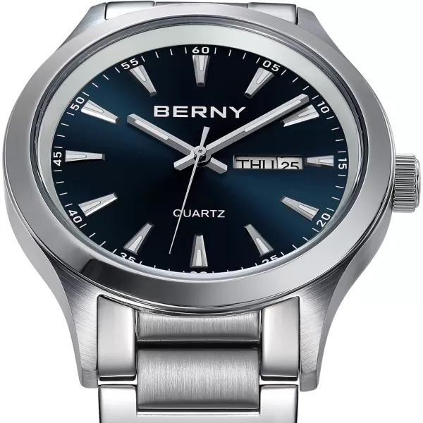 BERNY Mens Solid Stainless Steel Quartz Dress Watch Waterproof Sports Watches for Men Luminous SilverTone WristwatchesBlue