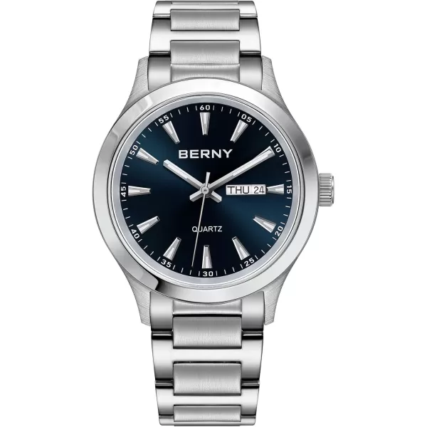 BERNY Mens Solid Stainless Steel Quartz Dress Watch Waterproof Sports Watches for Men Luminous SilverTone WristwatchesBlue