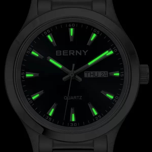 BERNY Mens Solid Stainless Steel Quartz Dress Watch Waterproof Sports Watches for Men Luminous SilverTone WristwatchesBlue