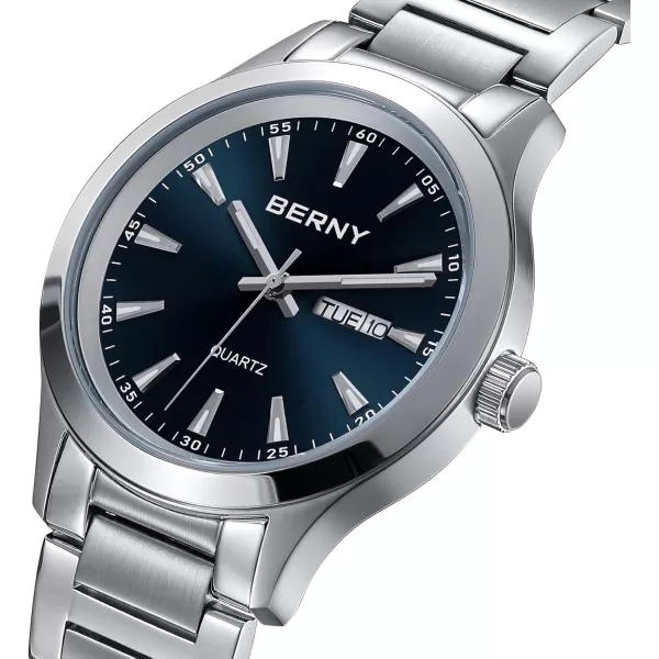 BERNY Mens Solid Stainless Steel Quartz Dress Watch Waterproof Sports Watches for Men Luminous SilverTone WristwatchesBlue