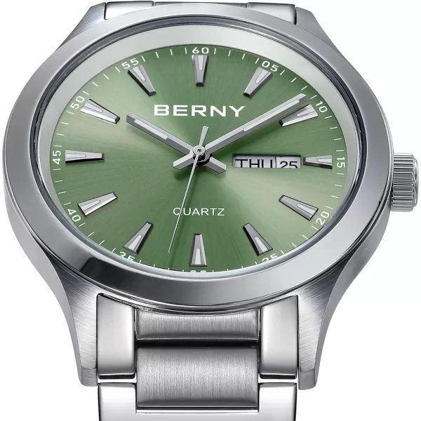 BERNY Mens Solid Stainless Steel Quartz Dress Watch Waterproof Sports Watches for Men Luminous SilverTone WristwatchesGreen