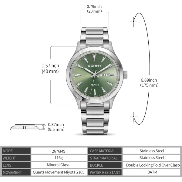 BERNY Mens Solid Stainless Steel Quartz Dress Watch Waterproof Sports Watches for Men Luminous SilverTone WristwatchesGreen