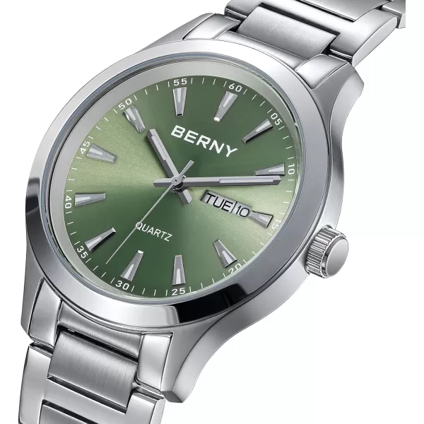 BERNY Mens Solid Stainless Steel Quartz Dress Watch Waterproof Sports Watches for Men Luminous SilverTone WristwatchesGreen