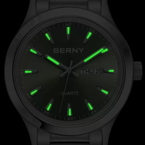 BERNY Mens Solid Stainless Steel Quartz Dress Watch Waterproof Sports Watches for Men Luminous SilverTone WristwatchesGreen