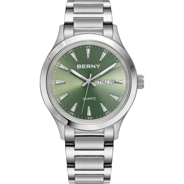 BERNY Mens Solid Stainless Steel Quartz Dress Watch Waterproof Sports Watches for Men Luminous SilverTone WristwatchesGreen