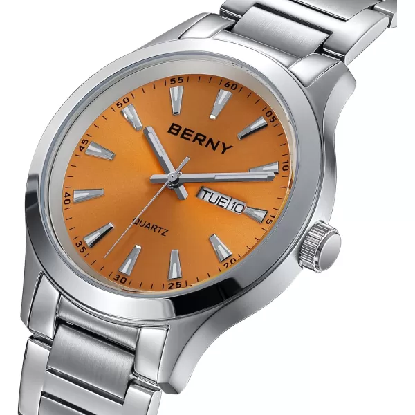 BERNY Mens Solid Stainless Steel Quartz Dress Watch Waterproof Sports Watches for Men Luminous SilverTone WristwatchesOrange