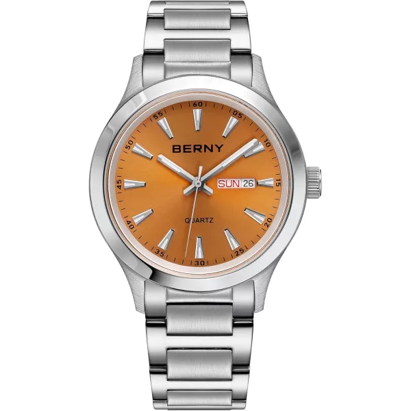 BERNY Mens Solid Stainless Steel Quartz Dress Watch Waterproof Sports Watches for Men Luminous SilverTone WristwatchesOrange