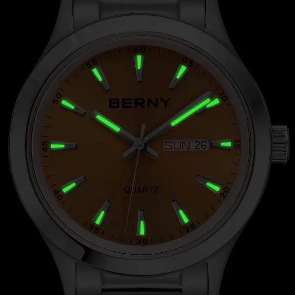 BERNY Mens Solid Stainless Steel Quartz Dress Watch Waterproof Sports Watches for Men Luminous SilverTone WristwatchesOrange