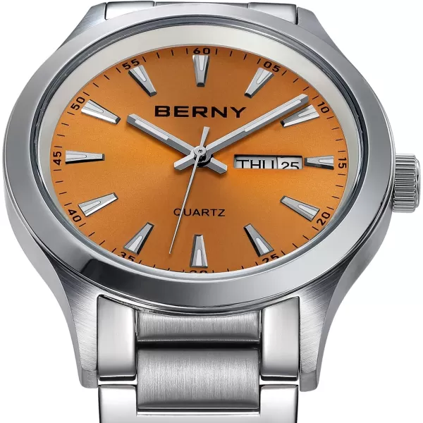 BERNY Mens Solid Stainless Steel Quartz Dress Watch Waterproof Sports Watches for Men Luminous SilverTone WristwatchesOrange