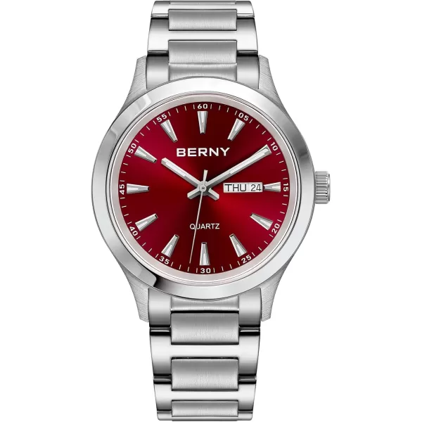 BERNY Mens Solid Stainless Steel Quartz Dress Watch Waterproof Sports Watches for Men Luminous SilverTone WristwatchesRed