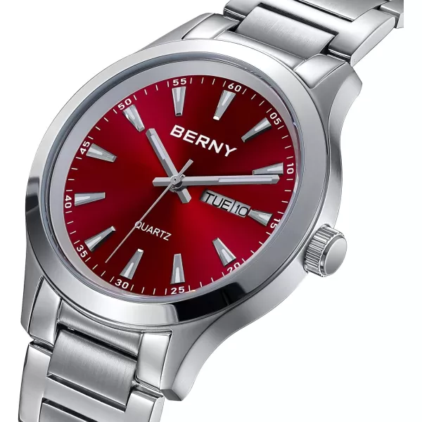 BERNY Mens Solid Stainless Steel Quartz Dress Watch Waterproof Sports Watches for Men Luminous SilverTone WristwatchesRed