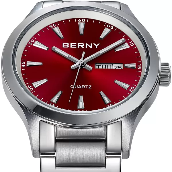 BERNY Mens Solid Stainless Steel Quartz Dress Watch Waterproof Sports Watches for Men Luminous SilverTone WristwatchesRed