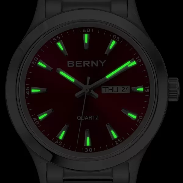 BERNY Mens Solid Stainless Steel Quartz Dress Watch Waterproof Sports Watches for Men Luminous SilverTone WristwatchesRed