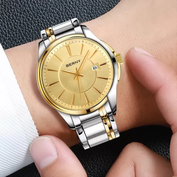 BERNY Quartz Watch for Men Classic Wristwatch Japan Imported Movement Calendar Stainless Steel Band Luxury 3ATM Waterproof2754MSY