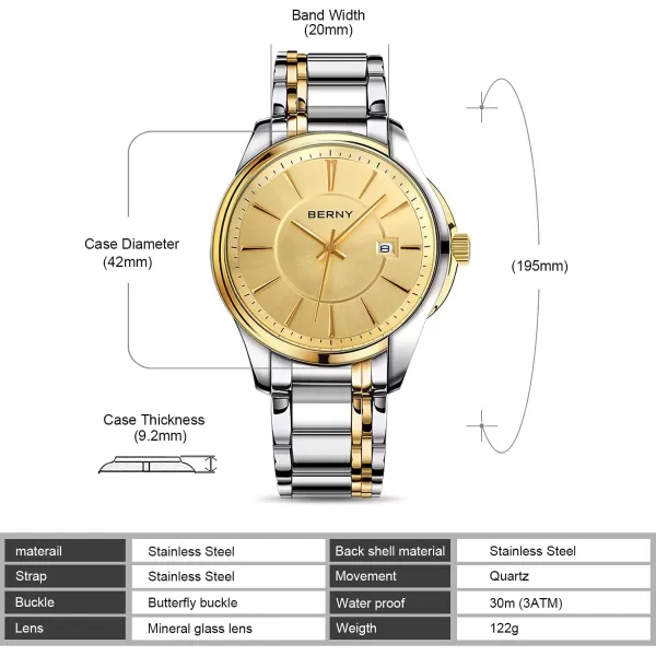 BERNY Quartz Watch for Men Classic Wristwatch Japan Imported Movement Calendar Stainless Steel Band Luxury 3ATM Waterproof2754MSY