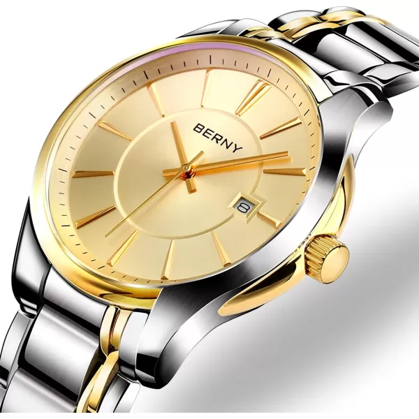 BERNY Quartz Watch for Men Classic Wristwatch Japan Imported Movement Calendar Stainless Steel Band Luxury 3ATM Waterproof2754MSY