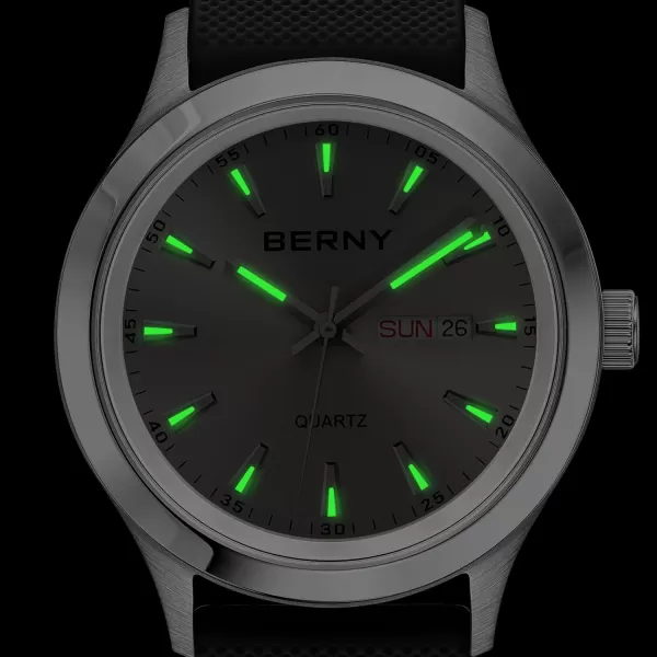 BERNY Quartz Watch for Men Miyota 2105 Movement Fashion Sports Wirstwatch 3ATM Waterproof Day Date Colorful Dials Quick Release Silicone Watch BandGrey