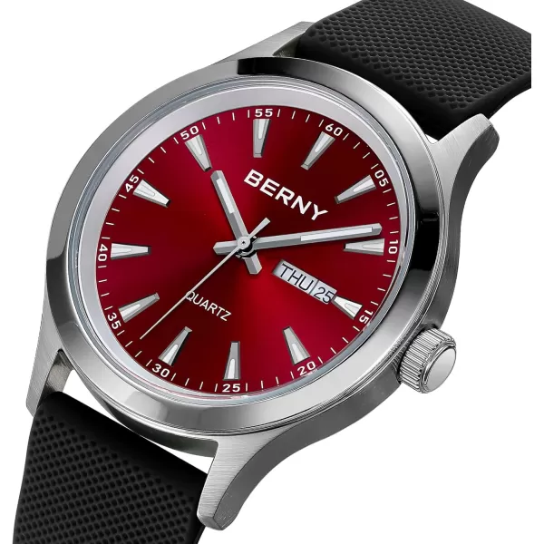 BERNY Quartz Watch for Men Miyota 2105 Movement Fashion Sports Wirstwatch 3ATM Waterproof Day Date Colorful Dials Quick Release Silicone Watch BandRed