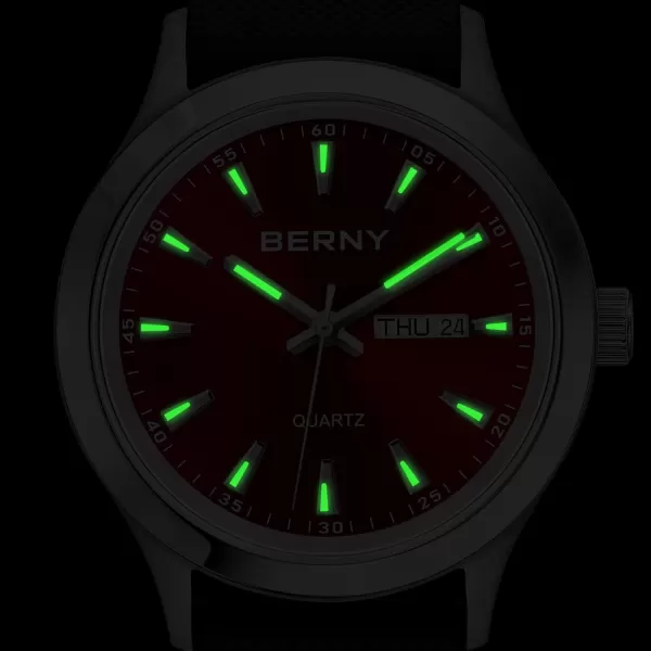 BERNY Quartz Watch for Men Miyota 2105 Movement Fashion Sports Wirstwatch 3ATM Waterproof Day Date Colorful Dials Quick Release Silicone Watch BandRed