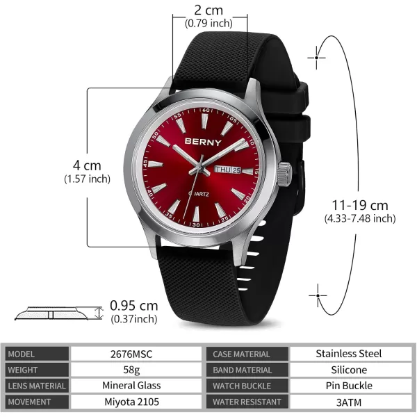 BERNY Quartz Watch for Men Miyota 2105 Movement Fashion Sports Wirstwatch 3ATM Waterproof Day Date Colorful Dials Quick Release Silicone Watch BandRed