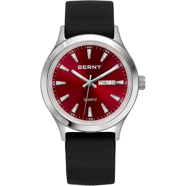 BERNY Quartz Watch for Men Miyota 2105 Movement Fashion Sports Wirstwatch 3ATM Waterproof Day Date Colorful Dials Quick Release Silicone Watch BandRed