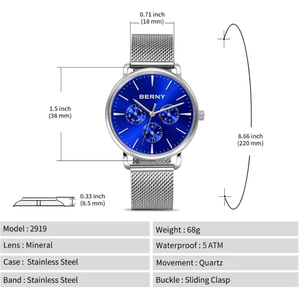 BERNY Quartz Watch for Men Miyota 6P29 Movement Male Fashion Wirstwatch Waterproof Mens Cusual Watch Multifunction Dials Quick Release Stainless Steel Mesh BandBlue