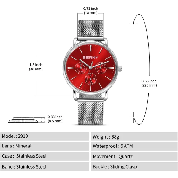 BERNY Quartz Watch for Men Miyota 6P29 Movement Male Fashion Wirstwatch Waterproof Mens Cusual Watch Multifunction Dials Quick Release Stainless Steel Mesh BandRed