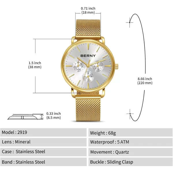 BERNY Quartz Watch for Men Miyota 6P29 Movement Male Fashion Wirstwatch Waterproof Mens Cusual Watch Multifunction Dials Quick Release Stainless Steel Mesh BandWhite and Gold