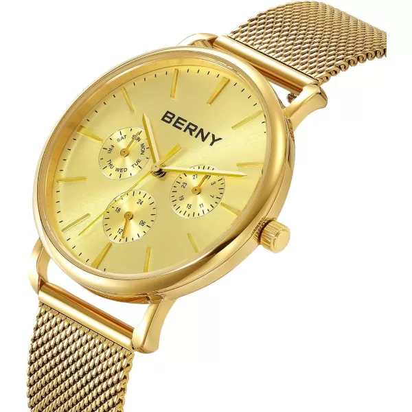 BERNY Quartz Watch for Men Miyota 6P29 Movement Male Fashion Wirstwatch Waterproof Mens Cusual Watch Multifunction Dials Quick Release Stainless Steel Mesh BandFull Gold