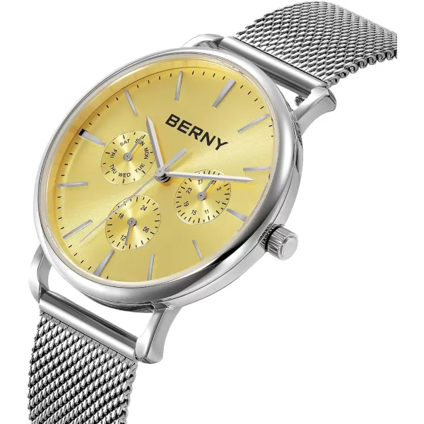 BERNY Quartz Watch for Men Miyota 6P29 Movement Male Fashion Wirstwatch Waterproof Mens Cusual Watch Multifunction Dials Quick Release Stainless Steel Mesh BandYellow