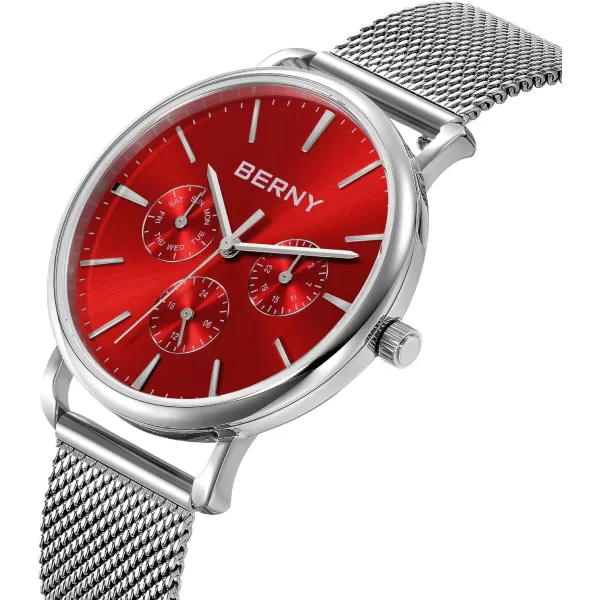 BERNY Quartz Watch for Men Miyota 6P29 Movement Male Fashion Wirstwatch Waterproof Mens Cusual Watch Multifunction Dials Quick Release Stainless Steel Mesh BandRed