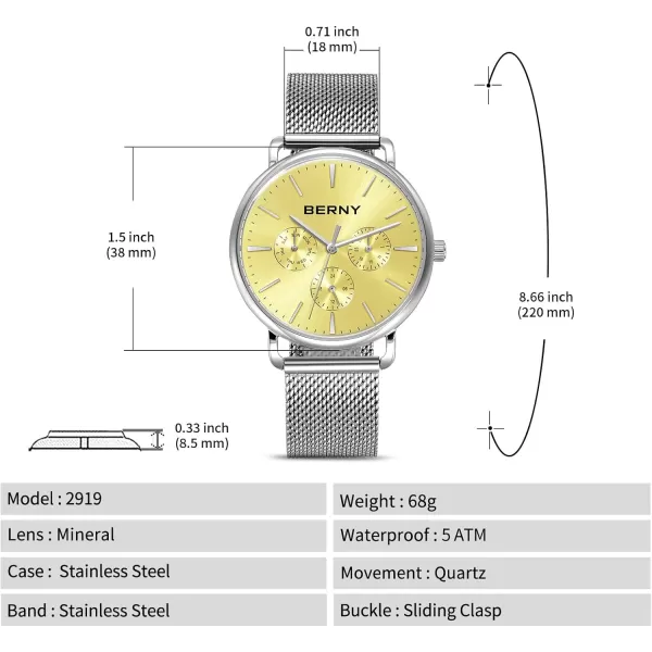 BERNY Quartz Watch for Men Miyota 6P29 Movement Male Fashion Wirstwatch Waterproof Mens Cusual Watch Multifunction Dials Quick Release Stainless Steel Mesh BandYellow