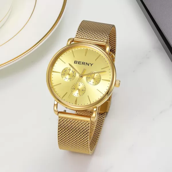 BERNY Quartz Watch for Men Miyota 6P29 Movement Male Fashion Wirstwatch Waterproof Mens Cusual Watch Multifunction Dials Quick Release Stainless Steel Mesh BandFull Gold