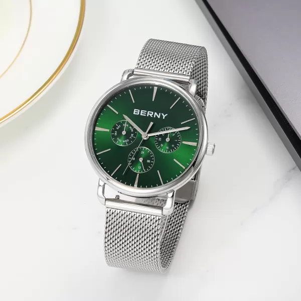 BERNY Quartz Watch for Men Miyota 6P29 Movement Male Fashion Wirstwatch Waterproof Mens Cusual Watch Multifunction Dials Quick Release Stainless Steel Mesh BandGreen