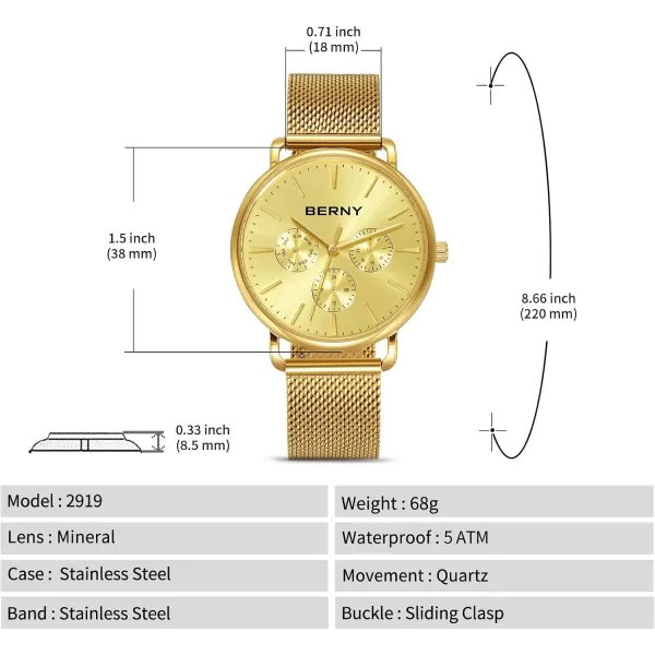 BERNY Quartz Watch for Men Miyota 6P29 Movement Male Fashion Wirstwatch Waterproof Mens Cusual Watch Multifunction Dials Quick Release Stainless Steel Mesh BandFull Gold