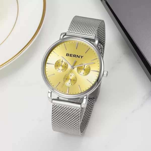 BERNY Quartz Watch for Men Miyota 6P29 Movement Male Fashion Wirstwatch Waterproof Mens Cusual Watch Multifunction Dials Quick Release Stainless Steel Mesh BandYellow