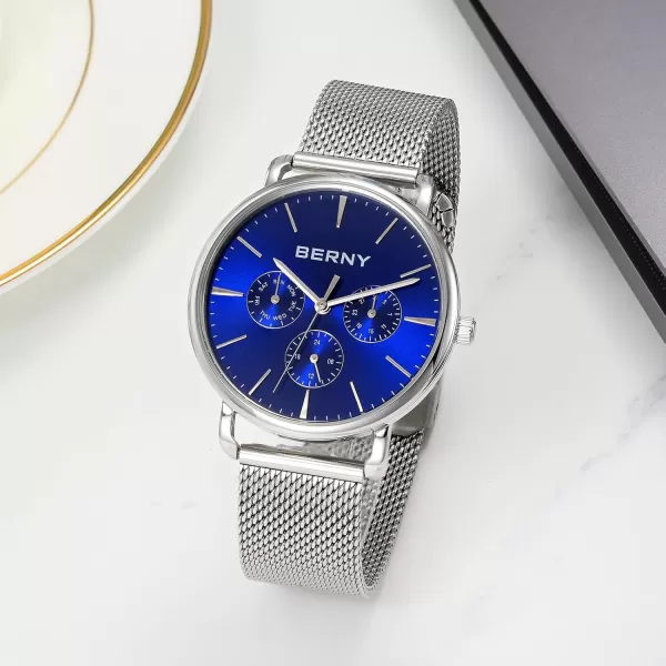 BERNY Quartz Watch for Men Miyota 6P29 Movement Male Fashion Wirstwatch Waterproof Mens Cusual Watch Multifunction Dials Quick Release Stainless Steel Mesh BandBlue