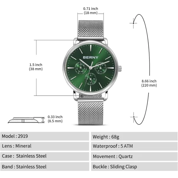 BERNY Quartz Watch for Men Miyota 6P29 Movement Male Fashion Wirstwatch Waterproof Mens Cusual Watch Multifunction Dials Quick Release Stainless Steel Mesh BandGreen