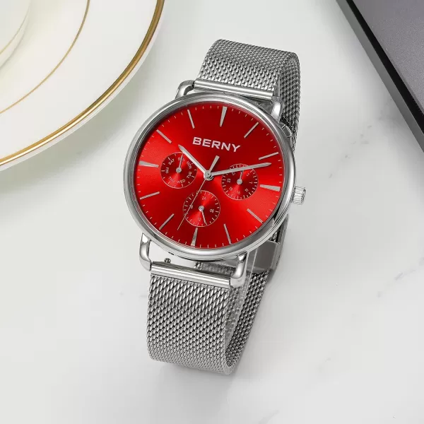 BERNY Quartz Watch for Men Miyota 6P29 Movement Male Fashion Wirstwatch Waterproof Mens Cusual Watch Multifunction Dials Quick Release Stainless Steel Mesh BandRed