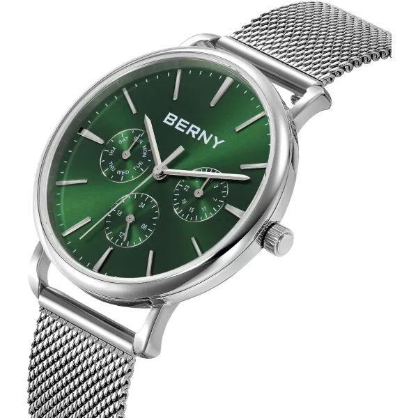 BERNY Quartz Watch for Men Miyota 6P29 Movement Male Fashion Wirstwatch Waterproof Mens Cusual Watch Multifunction Dials Quick Release Stainless Steel Mesh BandGreen