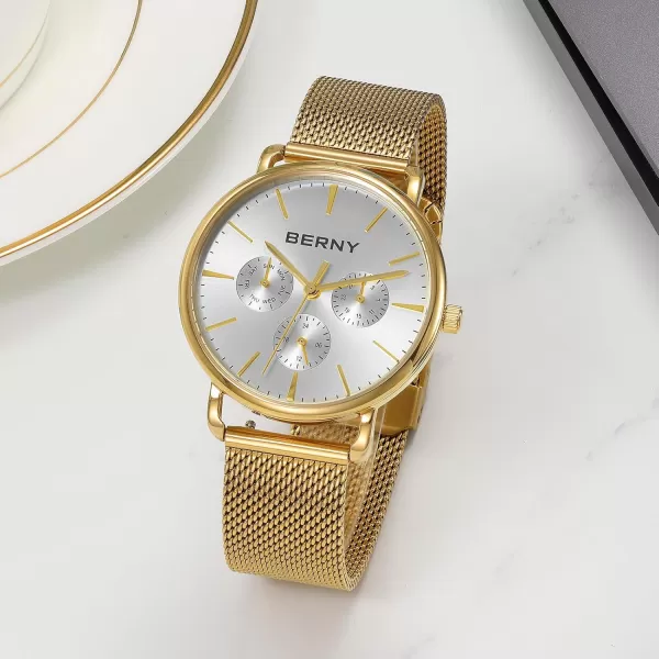 BERNY Quartz Watch for Men Miyota 6P29 Movement Male Fashion Wirstwatch Waterproof Mens Cusual Watch Multifunction Dials Quick Release Stainless Steel Mesh BandWhite and Gold