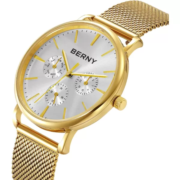 BERNY Quartz Watch for Men Miyota 6P29 Movement Male Fashion Wirstwatch Waterproof Mens Cusual Watch Multifunction Dials Quick Release Stainless Steel Mesh BandWhite and Gold